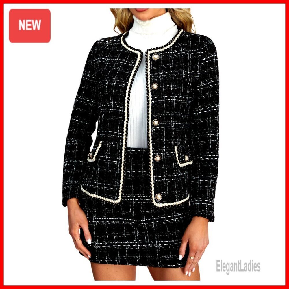 Plaid Tweed Blazer and Mini Skirt Set, Long Sleeve Button Front Outfit